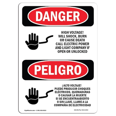 Signmission OSHA Sign, 24" H, 18" W, Rigid Plastic, High Voltage Will Shock Death Spanish, 1824-VS-1350 OS-DS-P-1824-VS-1350